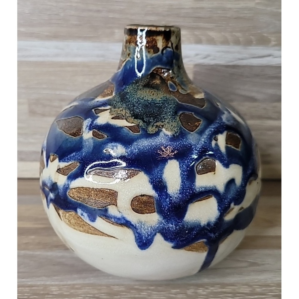 Japanese Mingei Vintage Folk Craft Flower 5" Vase Blue Brown Gorgeous